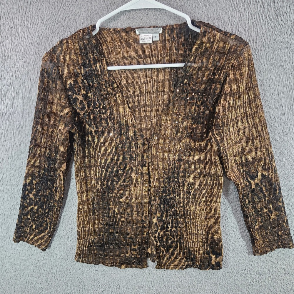 Alberto Makali Women Small Brown Gold Metallic Sequin Crinkle Blouse 3/4 Sleeve